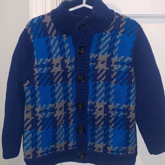 Janie and Jack Boys Plaid Chunky Knit Cardigan Sweater Size 4 Blue/Navy - Picture 1 of 7